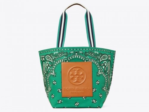 14057 TORY BURCH Gracie Reversible Tote Bag Americana Bandana Printed GREEN  |