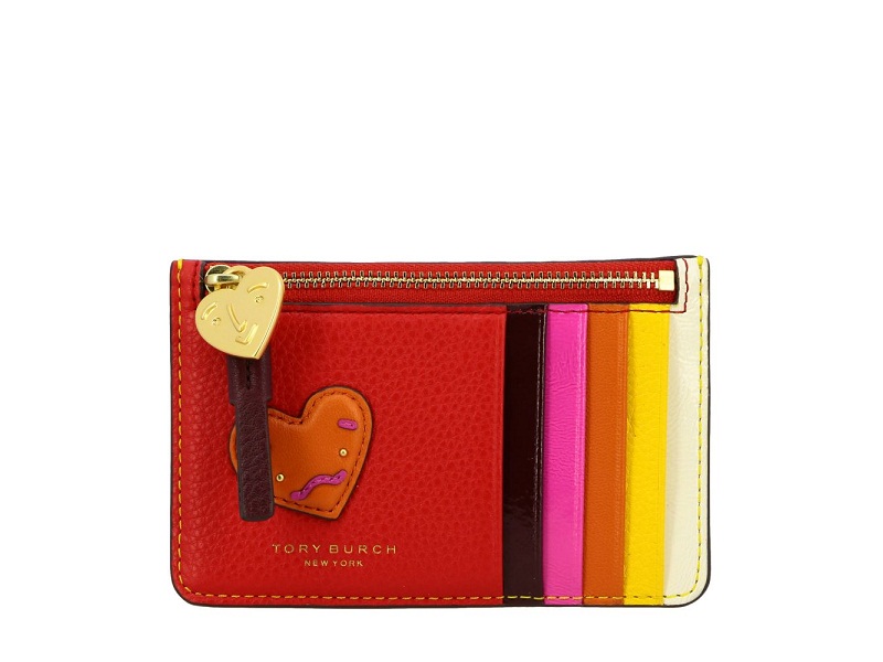 6689 TORY BURCH Perry Top Zip Card Case Heart Patchwork BRILLIANT RED CRAZY  PINK |