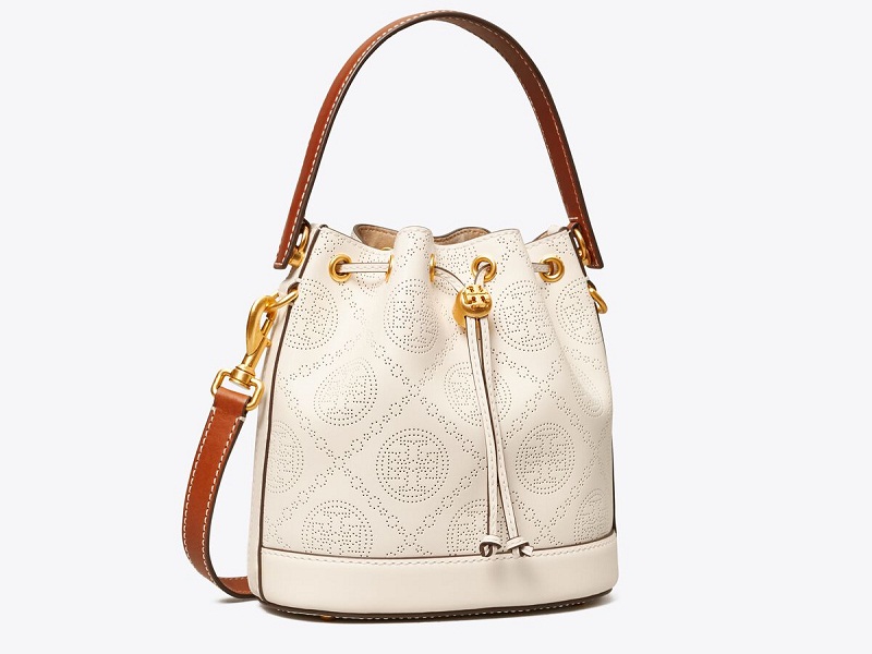 10139 TORY BURCH T Monogram Perforated Bucket Bag NEW IVORY |
