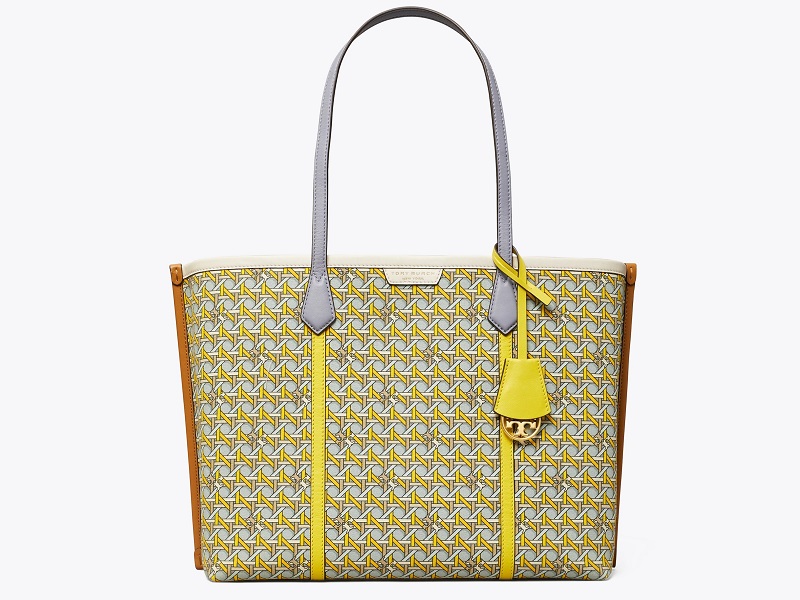 13148 TORY BURCH Perry Printed Canvas Triple Compartment Tote Bag BASKET  WEAVE LOGO GEO |